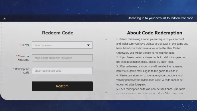 Use Honkai: Star Rail's official code-redeeming website to redeem HSR codes