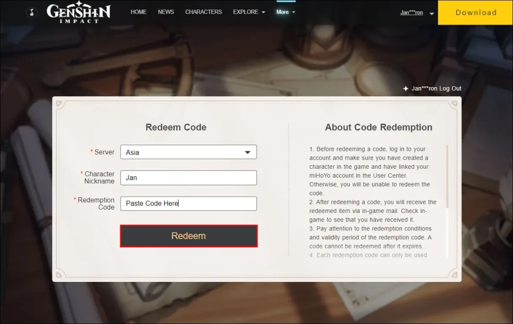 Como resgatar códigos promocionais de Genshin Impact no site oficial do Redeem Center?