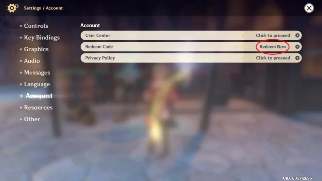 Como resgatar códigos promocionais de Genshin Impact pelo menu de Configurações da Conta no jogo?